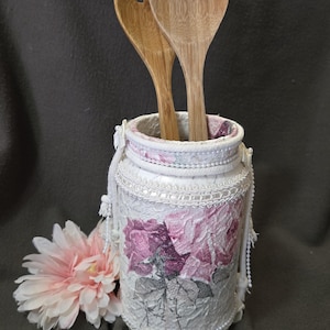 Utensil Holder, Shabby Chic Decor, Shabby Chic Utensil Holder,  Shabby Chic Glass Utensil Holder,  Pink Floral Utensil Holder