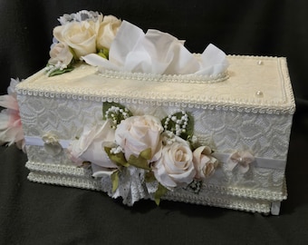 Large Tissue Box Cover,  Shabby Chic Tissue Box Cover,  Shabby Chic Decor,  Shabby Chic Bathroom, Ivory Floral Tissue Box Cover, Shabby Chic
