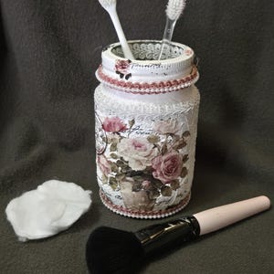 Mason Jar, Shabby Chic Decor,  Shabby Chic Decorative Jar, Shabby Chic Bathroom, Shabby Chic Makeup, Decorative Mason Jar