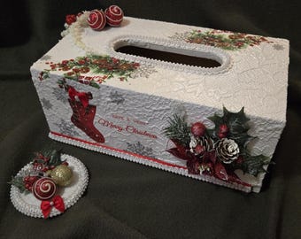 Large Tissue Box Cover,  Christmas Tissue Box Cover,  Shabby Chic Bathroom,  Shabby Chic Tissue Box Cover,  Shabby Chic Decor,  Shabby Chic