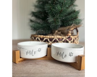 Marble Double Ceramic Pet Bowl with Wooden Stand Cat Bowl Feeder