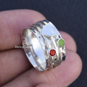 Peridot - Red Garnet Gemstone ring, HEART Spinner ring, Meditation ring, Fidget ring gift, Spinning ring, 925 silver ring, Silver jewelry