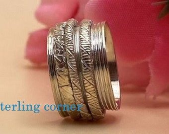925 Sterling Silber Ring, Spinner Ring, Boho Meditation Sorgen Ring, texturierte Band, Valentinstag Jahrestag Geburtstag Frauen Ring, Geschenk für sie