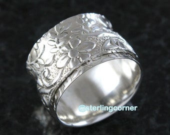 Silver Spinner Ring, Floral ring, Textured Spinning ring, Meditation ring, Silver ring, Wide band,Stress Free Silver jewelry, Ring for women