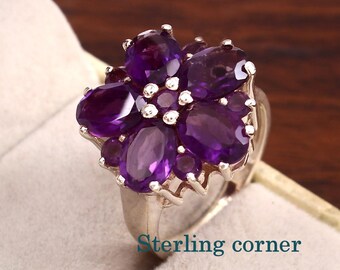 Floral Design Ring, natürlicher Edelstein Amethyst Ring, 925 Sterling Silber Ring, Boho Blumen Ring Band, Februar Birthstone Ring, Geschenk für sie