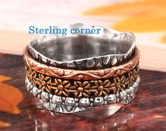 Floral Textured Band Spinning ring, Spinner ring, Spin ring, Meditation ring, Fidget ring, Wide Spinner Band, Silver ring jewelry Women ring