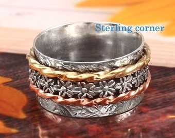 Three Tone Spinner ring, Flower Textured Band Spinning ring, Spin ring, Meditation ring, Fidget ring, Wide Spinner Band, silver ring jewelry