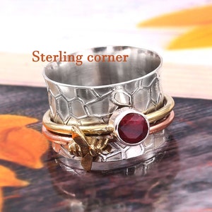 Ruby Gemstone ring, Spinning ring, Honey Bee Spinner ring Texture band, Spin ring,Fidget ring, Meditation ring, Sterling Silver ring jewelry