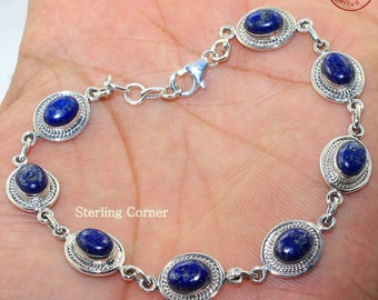 Lapis Lazuli gemstone bracelet, Fashion bracelet, 925 sterling silver bracelet, charm link bracelet, silver jewelry, Women fine bracelet