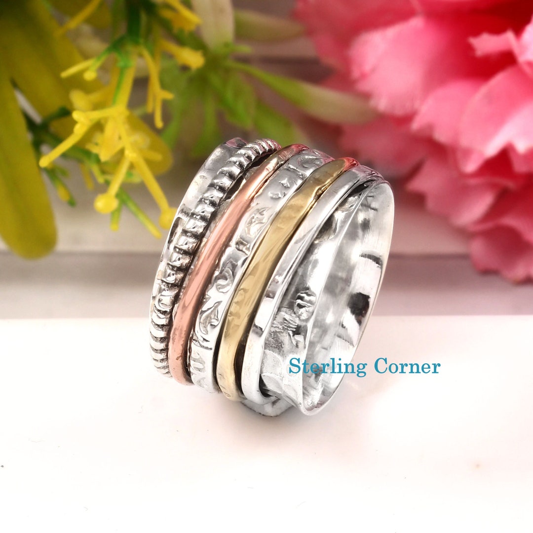 Solid Sterling Silver Ring, Wide Band Spinner Ring, Fidget Meditation ...