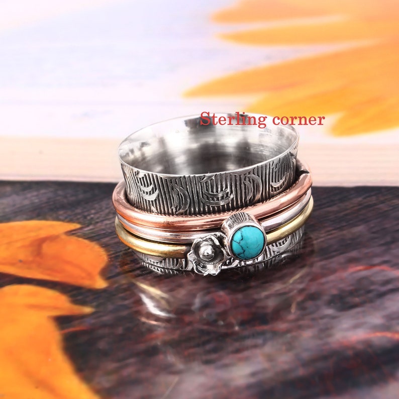 Turquoise Spinner Ring Flower Spin Ring Textured Spinning Etsy UK