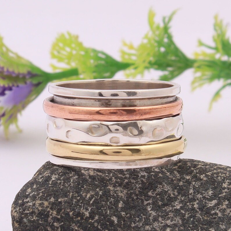 Silver jewelry Tri-Color Spinner ring 925 Sterling silver ring gift for her Anxiety spin ring,spinner band Meditation ring,spinning ring