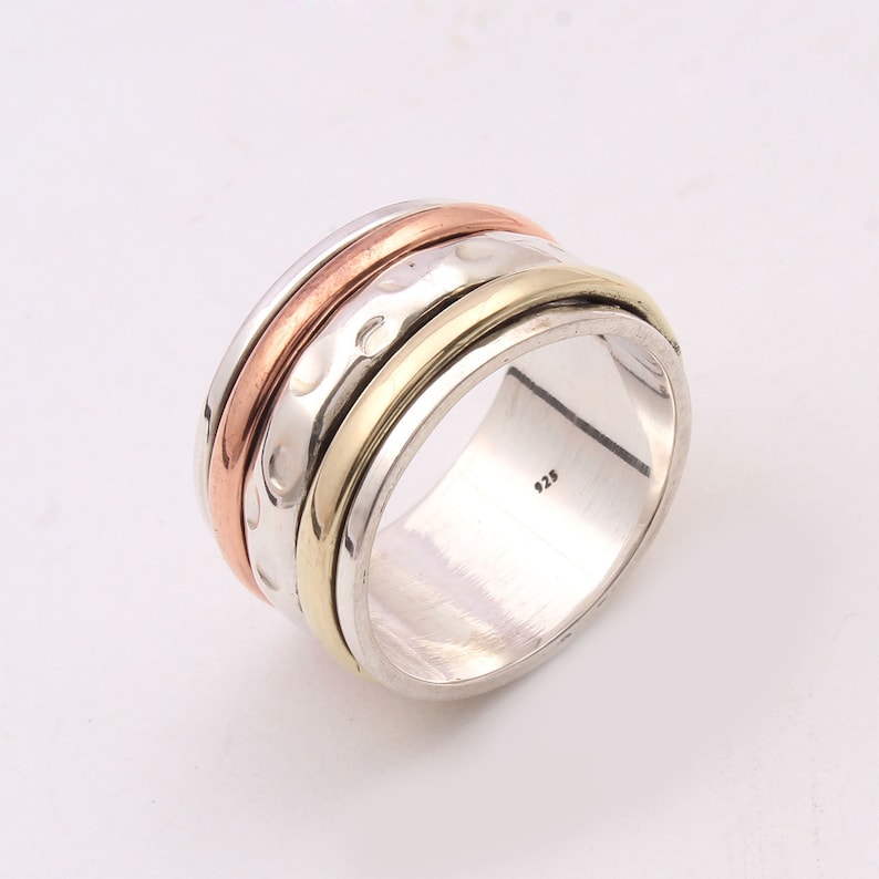 Silver jewelry Tri-Color Spinner ring 925 Sterling silver ring gift for her Anxiety spin ring,spinner band Meditation ring,spinning ring