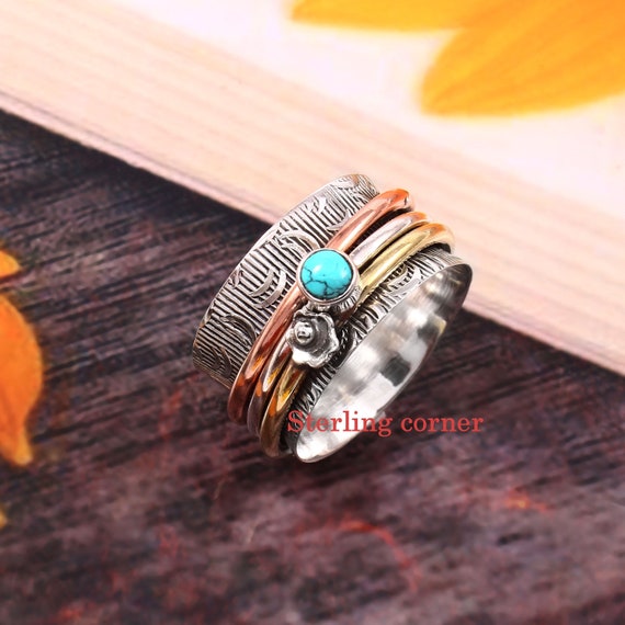 Turquoise Spinner Ring Flower Spin Ring Textured Spinning Etsy UK