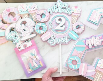 Two Sweet Birthday Party Decorations: Pastel Cake Topper, Banner & Confetti