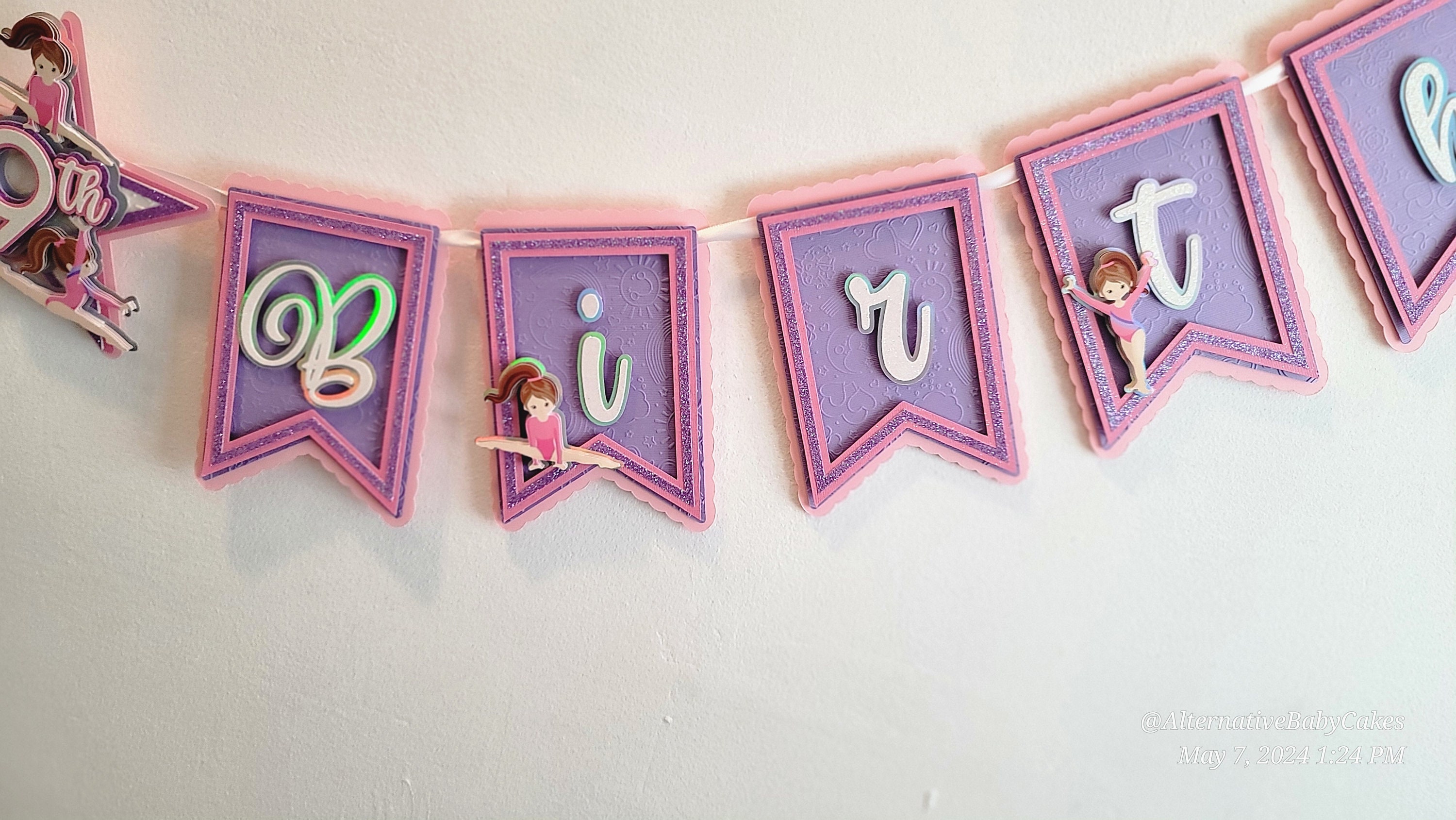 Gymnastics Birthday Banner - Purple Pink Blue Glitter Happy Birthday Sign For Girl's Gymnast Party - View #10