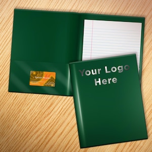 May include: A dark green presentation folder with a silver foil-stamped text reading Your Logo Here on the front cover. The interior features a pocket containing a business card and a white lined notepad with blue horizontal lines and a red margin.