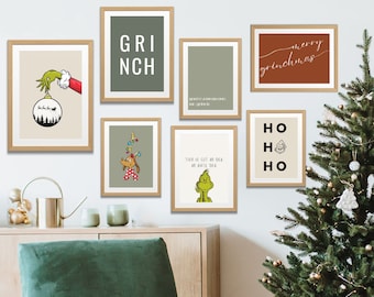 Conjunto de arte Grinch, conjunto de 8, parede de galeria de Natal, arte de parede para impressão de feriado, impressões digitais Grinch