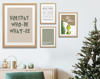 Conjunto de pacote de arte Grinch, conjunto de 4, parede de galeria de Natal, arte de parede para impressão de férias, impressões digitais Grinch