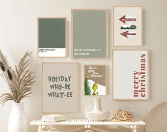 Conjunto de pacotes de arte Grinch, conjunto de 6, parede de galeria de Natal, arte de parede para impressão de férias, impressões digitais Grinch