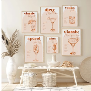 Retro Aesthetic Cocktail Print Set of 6, Minimalist Bar Cart Gallery Wall Set, DIGITAL DOWNLOAD, Bar Printable Art, Drinks Wall Decor