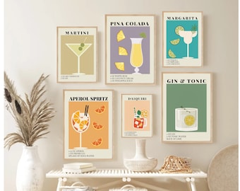 May include: A set of six framed wall art prints featuring cocktail illustrations and recipes for Martini, Pina Colada, Margarita, Aperol Spritz, Daiquiri, and Gin & Tonic, displayed in a gallery arrangement with colorful backgrounds.