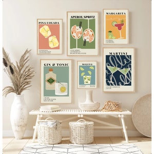 Cocktail Druck 6er Set, Bunte Bar Cart Galerie Wand Set, DIGITAL DOWNLOAD, Retro Cocktail Poster, Bar druckbare Kunst, Getränke Wand Dekor