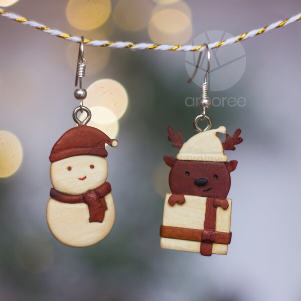 Hand Carved Christmas earings / Wooden new year Snowman and Reindeer /  Decorative Charm