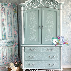 Painted French Country Cottage style Armoire wardrobe in soft duck egg blue