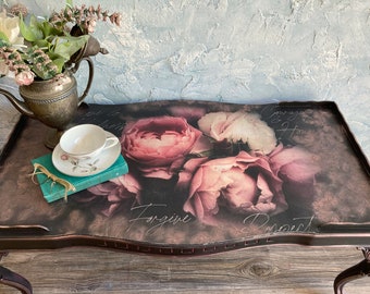 Decoupaged Floral Antique Coffee Table: Refinished Black Accent Table
