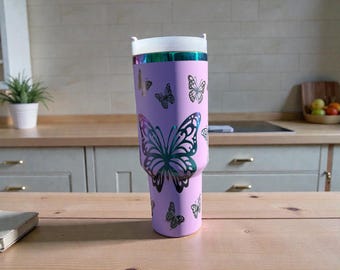 40oz Butterfly Tumbler – Iridescent Lid & Pastel Purple Cup for Butterfly Lovers