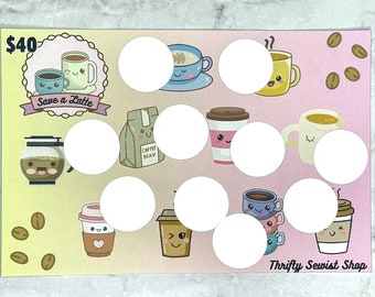 May include: A pink and yellow card with a coffee theme. The card has a variety of coffee-related images, including coffee cups, coffee beans, and a coffee pot. The card also has the text "$40 Save a Latte" and "Thrifty Sewist Shop".