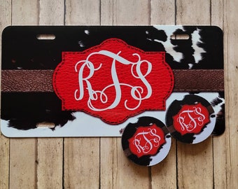 Red Leather and Cow Print License Plate - Trendy Monogrammed Vanity Car Tag