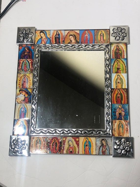 Mexican Folk Art Punched Tin Mirror Virgin Marry Square Mexican Folk Art Punched Tin Mirror