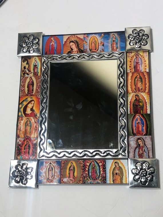 Mexican Folk Art Punched Tin Mirror Virgin Marry Square Mexican Folk Art Punched Tin Mirror