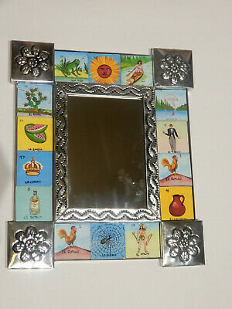Mexican Folk Art Punched Tin Mirror Loteria Square Tiles Etsy