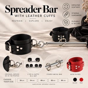May include: A black leather spreader bar with metal hardware, featuring adjustable cuffs and a central rod. The image displays text options for 39 cm, 54 cm, 69 cm, 83 cm, and 98 cm lengths, along with circular insets showing cuff configurations and a red leather version.