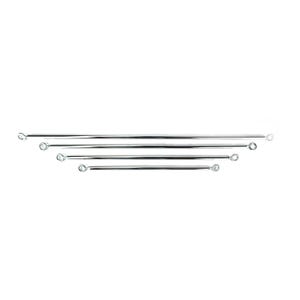 May include: Four silver-toned metal tension rods arranged horizontally in descending order of length. Each rod features a smooth, cylindrical body with a small, circular loop at both ends, designed for secure attachment or hanging purposes.