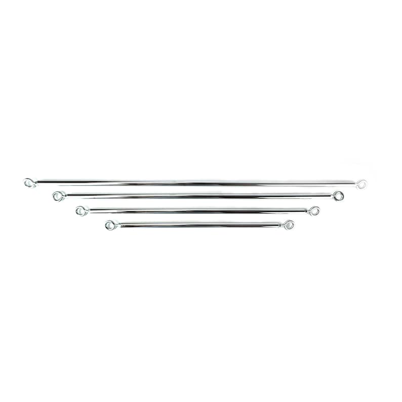 May include: Four silver-toned metal tension rods arranged horizontally in descending order of length. Each rod features a smooth, cylindrical body with a small, circular loop at both ends, designed for secure attachment or hanging purposes.