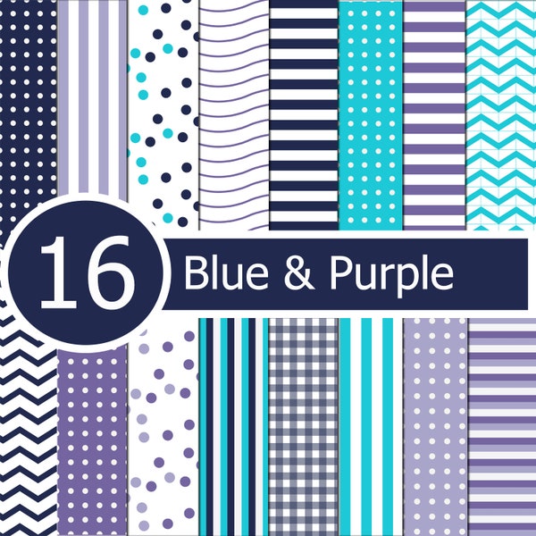 Blue and purple Digital Paper, stars paper, polka dots paper, stripes paper, chevrons, craft supplies, GiaDigitalPaper