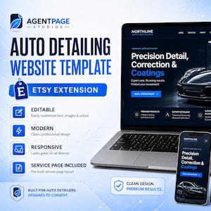 Peut inclure: Un modèle de site web numérique pour le detailing automobile affiché sur un ordinateur portable, un smartphone et une tablette. L'interface sombre présente une voiture de sport noire, des accents bleus et du texte incluant AgentPage Studios, Northline Auto Detailing et Precision Detail, Correction & Coatings.