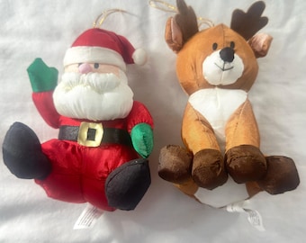 Vintage 1997 Gibson Santa & Reindeer Plush Ornaments, Parachute Fabric Set