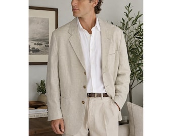 Vintage 90s Hunt Club Mens Linen Blazer Beige Preppy Sport Coat Quiet Luxury