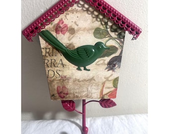 Cottagecore Birdhouse Wall Hook Wood Metal Bird Floral Whimsical Decor Granny