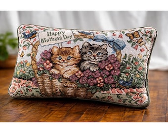 Vintage Tapestry Cat Kitten Throw Pillow Floral Granny CottageCore Farmhouse