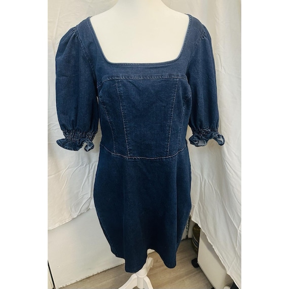 Betsey Johnson Denim Dress XL Puff Sleeve Coastal Cowgirl Heart Zipper Y2K Boho
