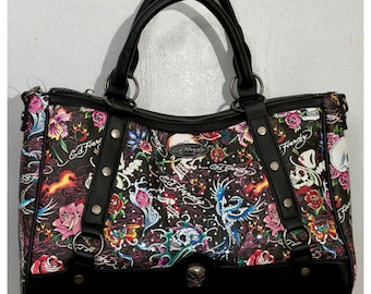 Ed Hardy Satchel Tote Bag Black Skull Rose Tattoo Print Rhinestone Y2K Purse NWT