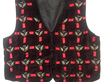 Vintage 90s Christmas Velvet Vest XL - Embroidered Holly Holiday Party
