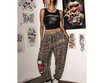 Ed Hardy Leopard Jogger Sweatpants Women 2X Y2K Tattoo Heart Animal Print 2000s