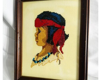 Vintage Needlepoint Wall Folk Art Framed Cottagecore Granny Native American Boy